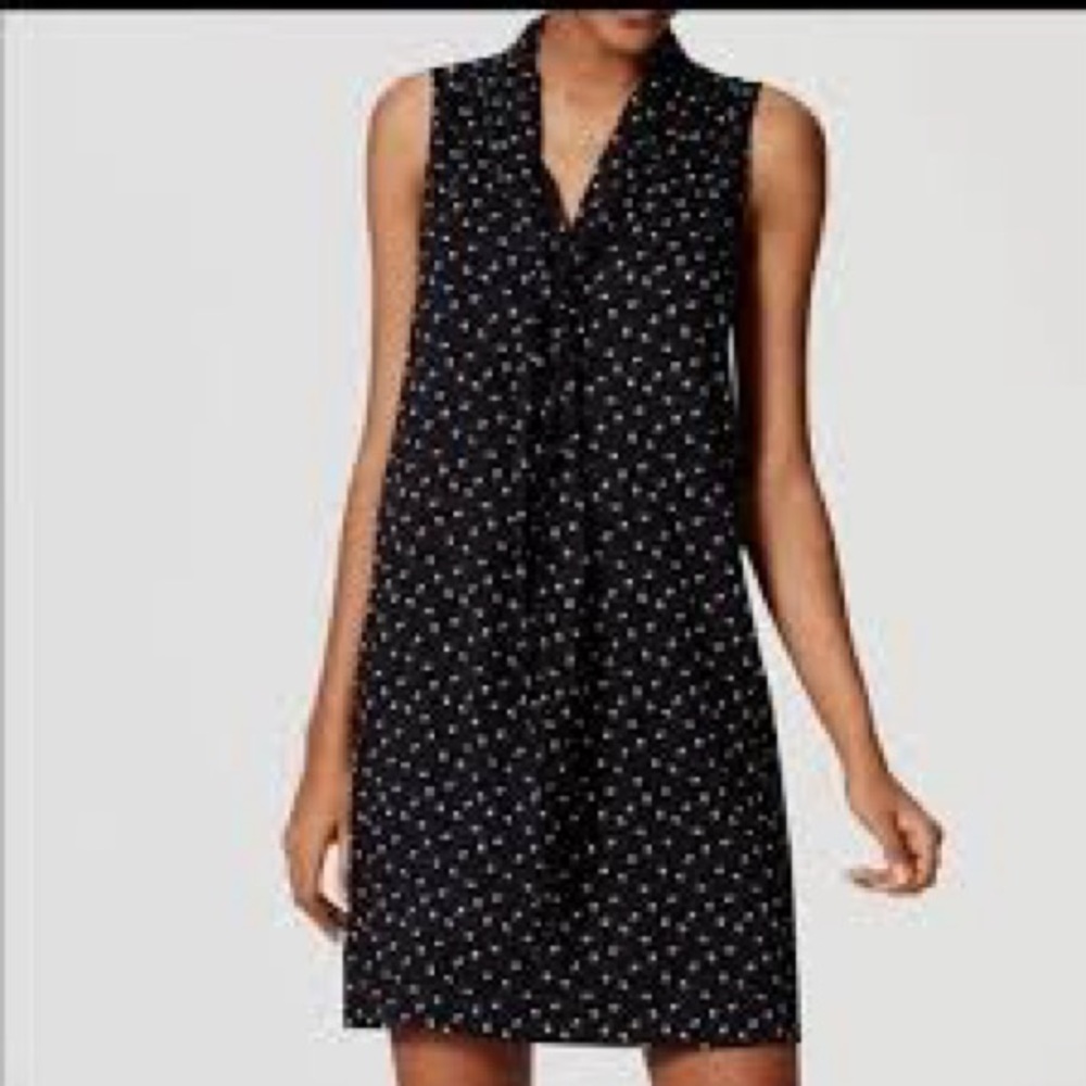 LOFT Black White Pawprint Tie Neck Sleeveless Dress